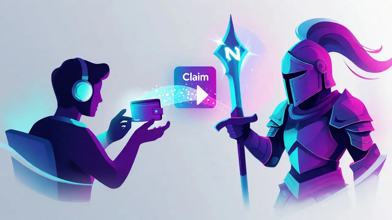 Stylized illustration linking a gamer to an NFT knight avatar